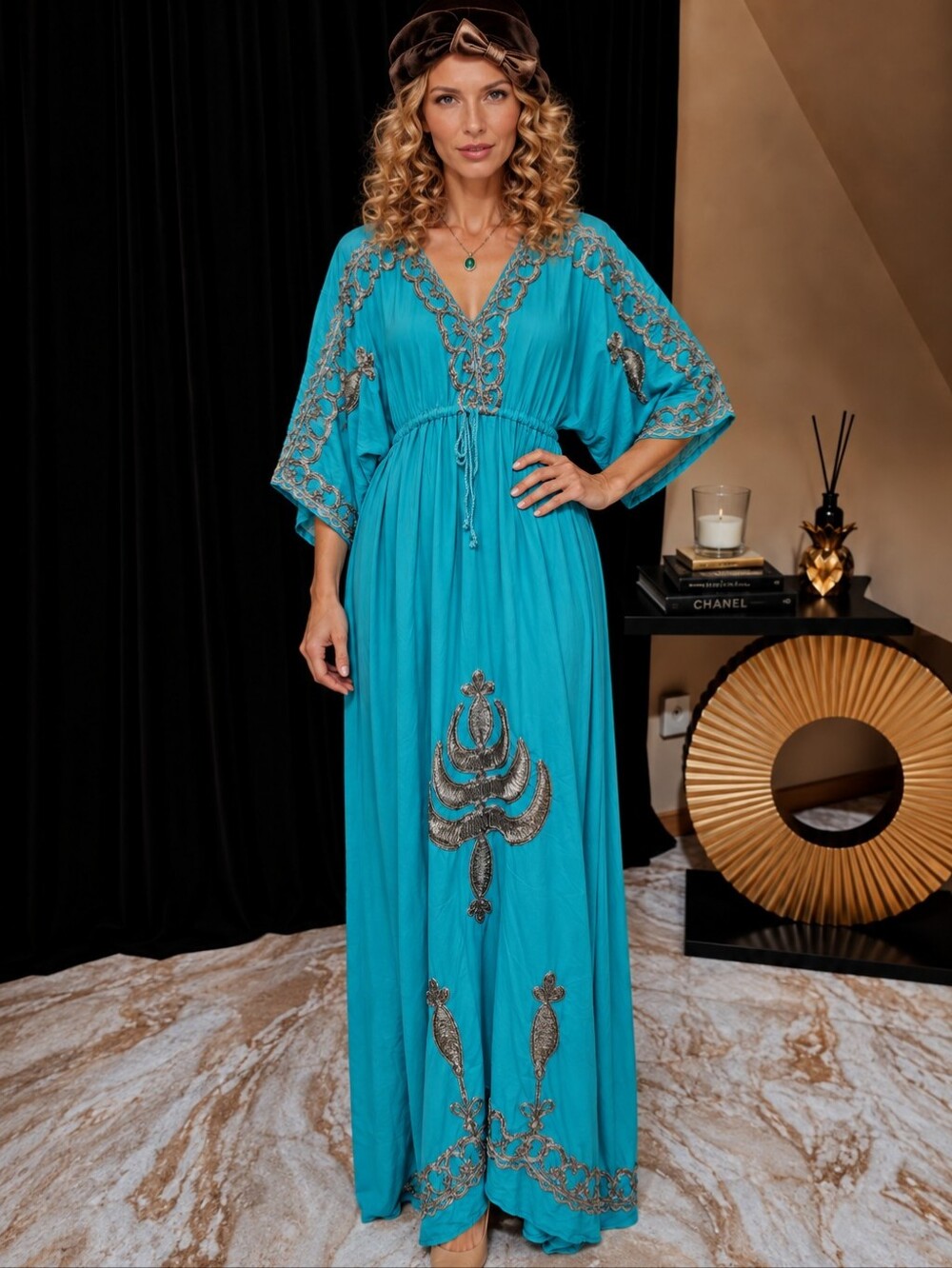 Vintage 80s Turquoise Embroidered Hostess Caftan Maxi Dress M/L